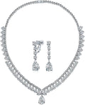 Bridal Jewelry Set Art Deco Vintage Estate Style Cubic Zirconia Marquise Leaf Teardrop AAA CZ Statement Cleavage Choker Necklace & Chandelier Dangle Clip On Or Pierced Earrings For Women Pageant