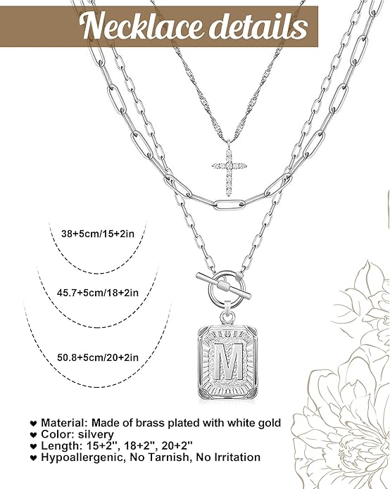 MJartoria Layered Initial Necklaces for Women Trendy, 14K Gold Plated Brass Simple Dainty Cross Choker Square Letter Pendant Necklace, Paperclip Chain Necklaces Jewelry