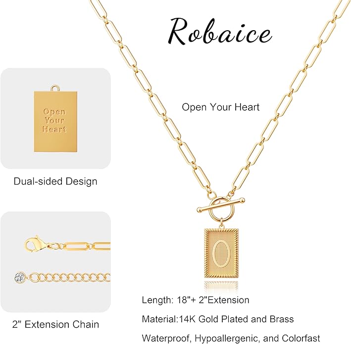 14K Gold Plated Initial Letter Necklace for Women, Personalized Alphabet Pendant with Inspirational Engraving, Paperclip Chain Non-Tarnish Jewelry Gift for Her