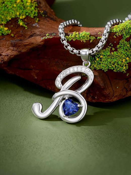 Valentines Day Gifts for Women Alphabet A to Z Initial Birthstone Pendant Necklaces for Women - 18k White Gold Plated Personalized Name Jewelry Valentine Mothers Day Birthday Gifts for Women Her Girlfriend