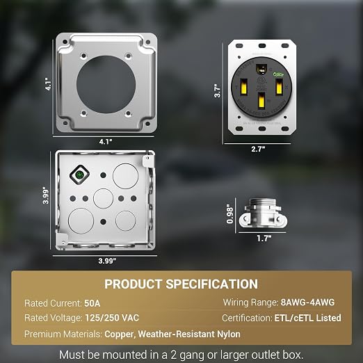 Nema 14-50 EV Outlet 50 Amp EV Charging Receptacle Heavy Duty, 2.42" Diameter - Image 3