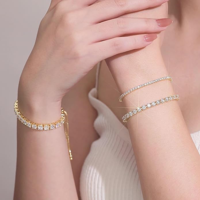 4 Carats 3mm Moissanite Bolo Tennis Bracelet,Adjustable Bolo Simulated Diamond Bracelets,18K Yellow Gold Plated 925 Sterling Silver,D Color VVS1 Round Brilliant Cut,Gifts for Women