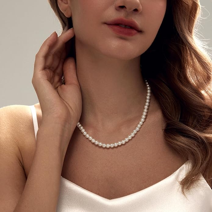 Zeffy Pearl Necklace 4MM/6MM/8MM Dainty Round Imitation Pearl Choker Necklace Wedding Pearl Necklace Delicate Jewelry for Women Simple Bridesmaid Jewelry Gifts
