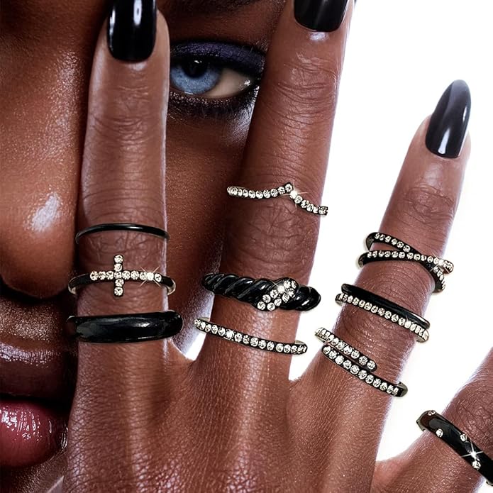 KISS WIFE Goldenen Silvery Black Kunckle Rings Set for Women, Dainty Simple Trendy Cute Stackable Finger Rings Pack, Perfect for Stacking Layering on Thumb and Knuckle, Mixed Size, Jewelry Gift