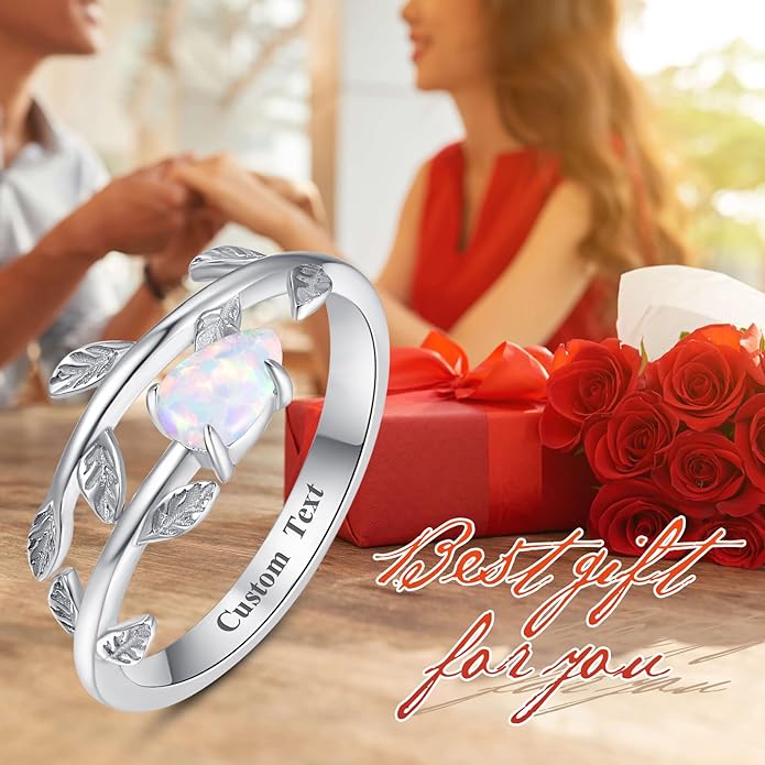 PRAYMOS 925 Sterling Silver Leaf Ring White Opal Moonstone Rings Adjustable Open Ring for Women with Jewelry Box Size 7-9