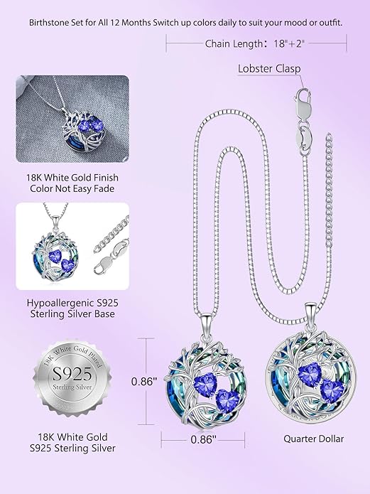 TOUPOP s925 Sterling Silver Family Celtic Tree of Life Pendant Necklaces with 2 Heart Birthstone with Blue Austrian Crystal Jewelry Birthday Valentines Day Gifts for Her, Anniversary Christmas Gifts for Wife Girlfriend Mom (18K Real White Gold Filled)