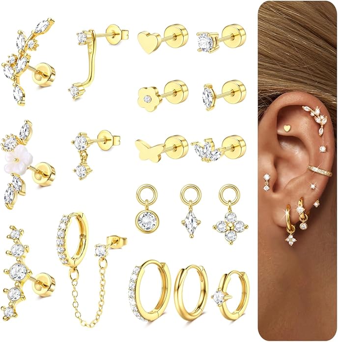 18 PCS Single Cartilage Studs Earrings Women Trendy 14k Gold Plated Flat Back Earings Stacks Dainty Small Pendant Dangle Huggie Hoops Earring Cubic Zirconia Flatback Stud Sets for Multiple Piercing