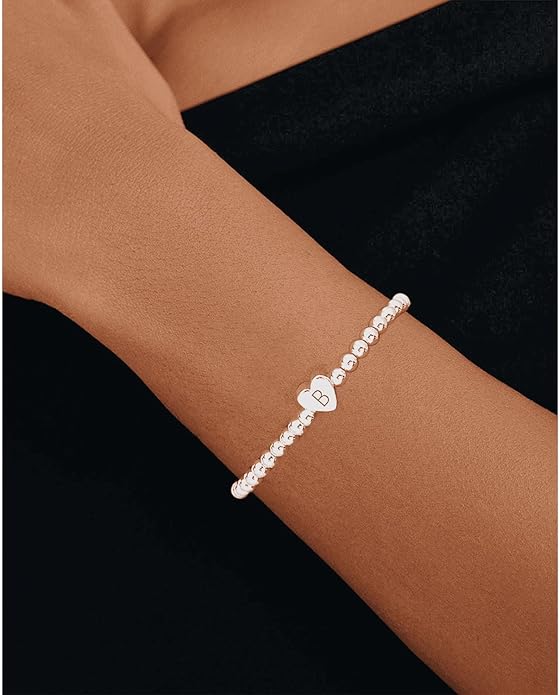 Valentines Day Gifts for Women Her - Dainty Beaded Heart Initial Bracelets Letter A-Z Charm Stretch Bead Ball Bracelet Trendy Jewelry Gifts