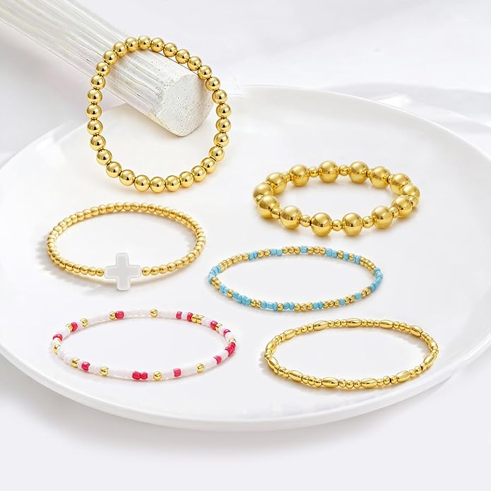 Gold Bracelets for Women Waterproof, 14K Gold Plated Beaded Cross Bracelets Set,Boho Stretch Bracelets Stackable Jewelry for Women Teenage Girls Jewelry Christmas Gifts