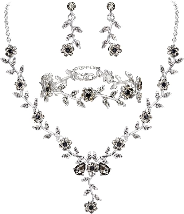 BriLove Women's Wedding Jewelry Leaf Cluster Flower Crystal Dangle Earrings Pendant Necklace Set for Bridal