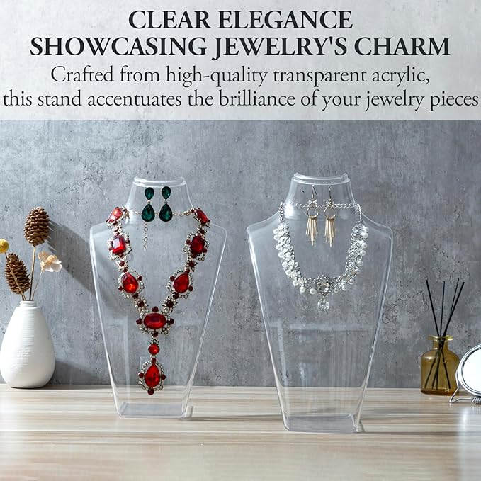 MyGift 12 Inch Clear Acrylic Necklace and Earring 3D Bust Jewelry Display Stand, Tabletop Neck Form Base Chain Holder for Home or Retail Showcase, Set of 2