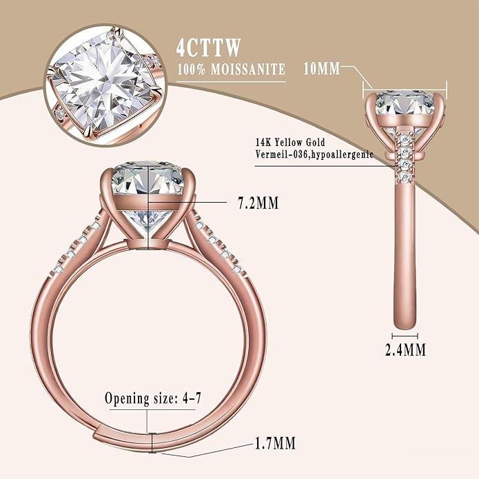 Engagement Rings for Women, Wedding Band for Women，Brilliant D Color VVS1 Clarity Lab Created Rings 14K White Gold Vermeil Ring for Women Jewelry Gifts Adjustable Ring 4-10