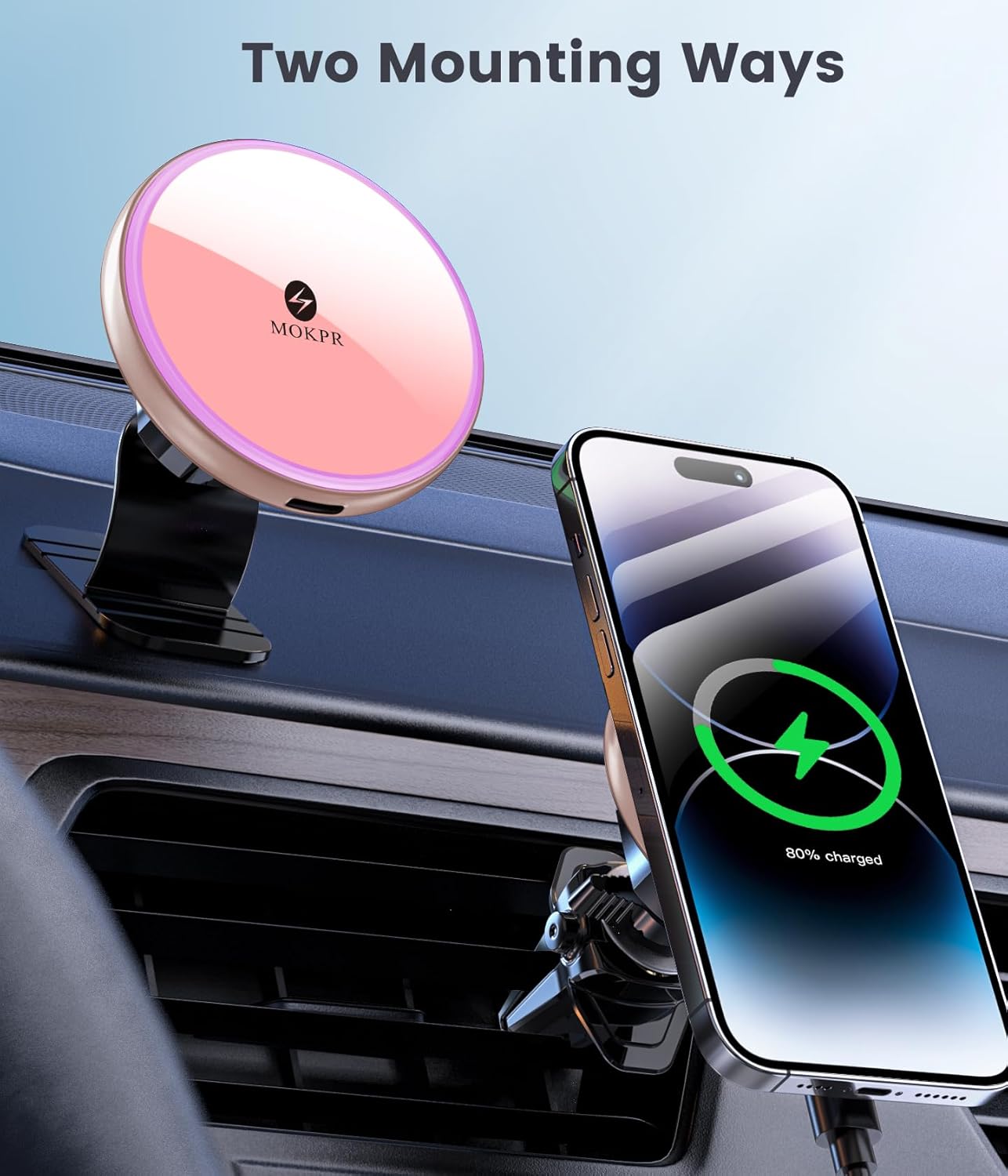 MOKPR for Magnetic Car Mount Charger-15W Wireless Car Charger-Magnetic Car Phone Holder for Dash Air Vent-LED RGB HandsFree Car Mount Fast Car Charger for iPhone 16 15/14/13/12 Pink