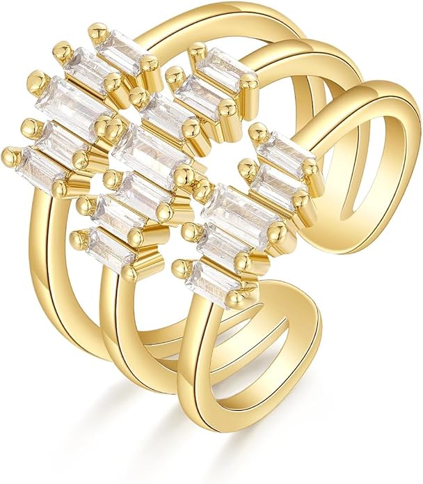 KissYan Gold Rings for Women, 14K Gold Plated Adjustable Statement Irregular Geometric Diamond Twisted Open Stackable Band Chunky Finger Rings Dainty Cubic Zirconia Jewelry Gifts