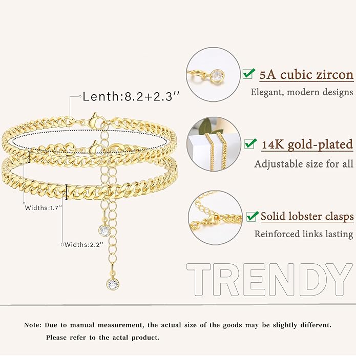 iF YOU Gold Ankle Bracelets for Women, 14k Gold Plated Waterproof Cuban Link Chain Anklets Set, Layered Anklet Bracelets for Women Beach Gift Adjustable Size 5pc
