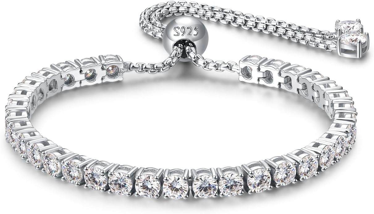 4MM Moissanite Tennis Bracelet for Women, 10.9 ct Adjustable Moissanite Bracelets, 925 Sterling Silver White/14k Gold Plated, Luxury Birthday or Anniversary Jewelry Gift for Her