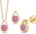 Gem Stone King 18K Yellow Gold Plated Silver 5MM Round Gemstone Birthstone Teardrop Pendant Earrings Set | Jewelry Set for Women | With 18 Inch Chain