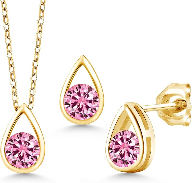 Gem Stone King 18K Yellow Gold Plated Silver 5MM Round Gemstone Birthstone Teardrop Pendant Earrings Set | Jewelry Set for Women | With 18 Inch Chain