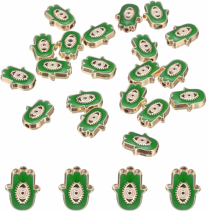 MECCANIXITY 20 Pcs Hand Evil Eye Beads Colorful Flat Loose Spacer Evil Eye Charms for DIY Bracelet Earrings Necklace Crafts Jewelry Making, Green