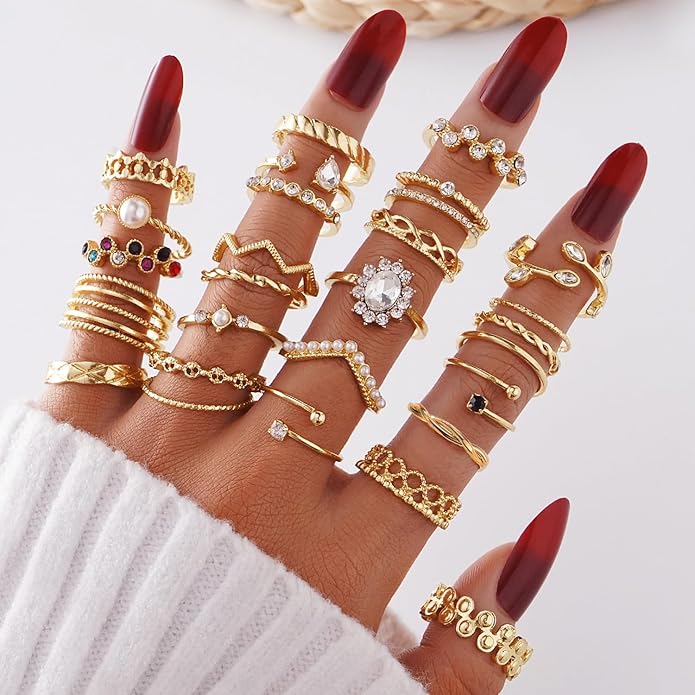KISS WIFE Goldenen Silvery Black Kunckle Rings Set for Women, Dainty Simple Trendy Cute Stackable Finger Rings Pack, Perfect for Stacking Layering on Thumb and Knuckle, Mixed Size, Jewelry Gift