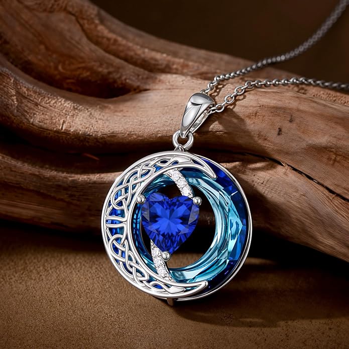 Valentines Day Gifts for Women, Birthstone Necklace for Women, Celtic Moon Pendant Blue Crystal Necklace Heart Jewelry Anniversary Jewelry Gift for Daughter Wife Mother Sister