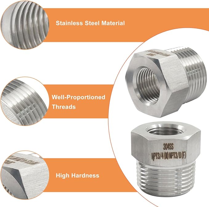 3/4" Male NPT to 3/8" Female NPT Hex Bushing Reducer, 2 Pack | 304 Stainless - Image 3
