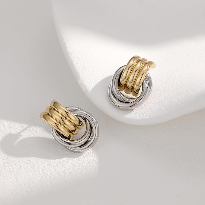 Chunky Geometric Knot Link Stud for Women, Statement Drop Dangle Earrings, Medium Size