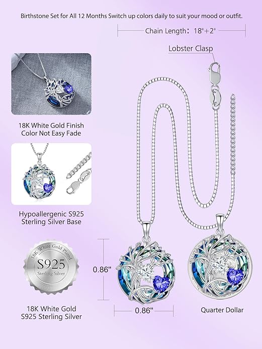 TOUPOP s925 Sterling Silver Family Celtic Tree of Life Pendant Necklaces with 2 Heart Birthstone with Blue Austrian Crystal Jewelry Birthday Valentines Day Gifts for Her, Anniversary Christmas Gifts for Wife Girlfriend Mom (18K Real White Gold Filled)