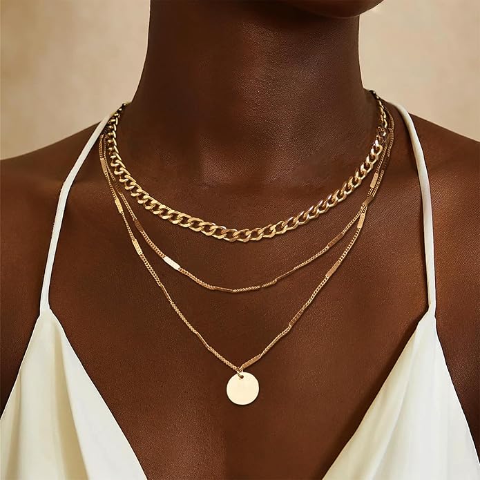 Evabelle Gold Layered Necklace for Women Trendy Jewelry 14K Real Gold Plated Chunky Chain Stackable Necklaces Dainty Choker Necklaces Rectangle Square Pendant