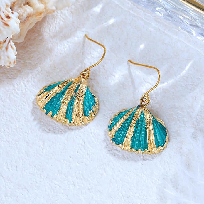 Beach Summer Sea Shell Earrings For Women, Tropical Natural Scallop Shell Jewelry Boho Earring Set Bulk Pack Vacation Dangling Drop Light Formal