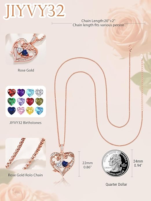 Rose Heart Necklaces for Women, Rose Gold Forever Love Jewelry with 2 Birthstones Pendant,Valentines Anniversarry Birthday Gifts for Her Wife Mom Grandma Daughter, 18+2 Inch Chain
