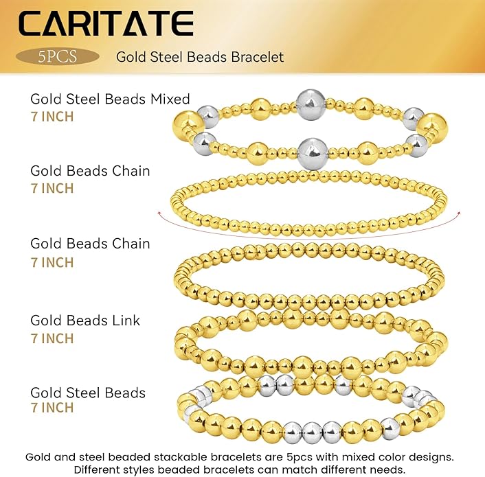 Gold Bracelets for Women Waterproof, 14K Gold Plated Beaded Cross Bracelets Set,Boho Stretch Bracelets Stackable Jewelry for Women Teenage Girls Jewelry Christmas Gifts