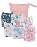 babygoal Cloth Diaper Covers 6 Pack with Wet Bag for Fitted Diapers and Prefolds with Double Gussets, Adjustable and Reusable for Baby Girls 6DCF16-B