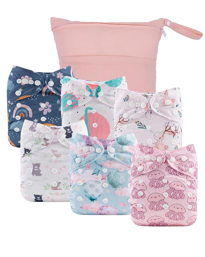 babygoal Cloth Diaper Covers 6 Pack with Wet Bag for Fitted Diapers and Prefolds with Double Gussets, Adjustable and Reusable for Baby Girls 6DCF16-B