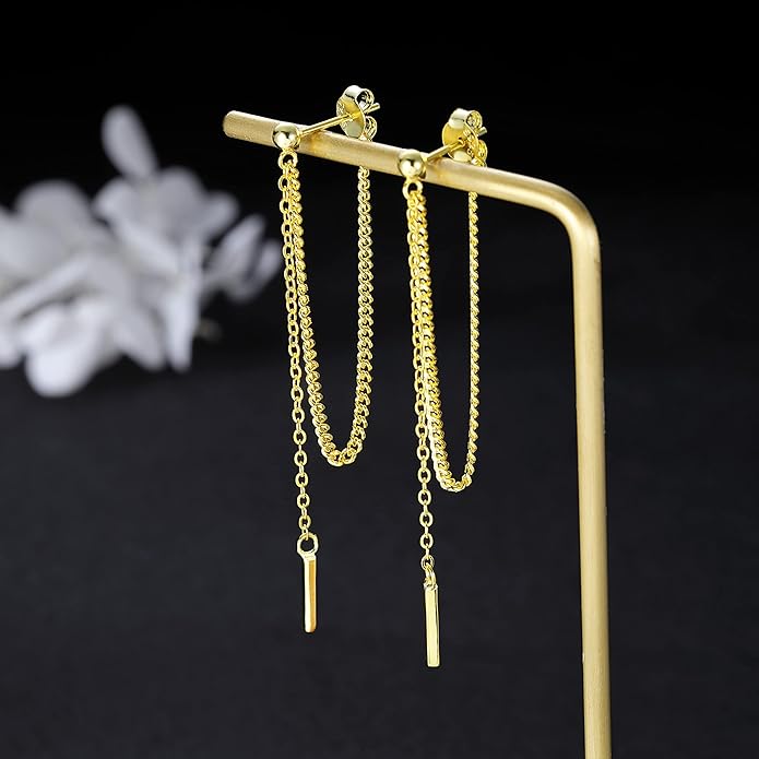 SLUYNZ Solid 925 Sterling Silver Bar Dangle Earrings for Women Minimalist Dangle Earrings Threader Chain