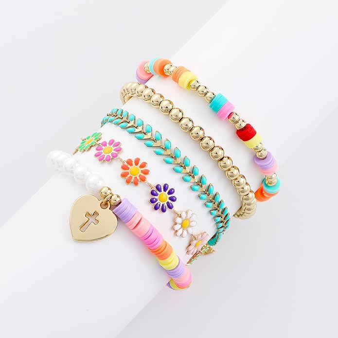 Heishi Beaded Stretch Bracelets for Women Stackable Polymer Clay Beads Bracelets Friendship Boho Summer Beach Bracelet Jewelry Set