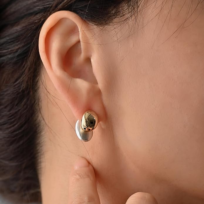 Two-Tone Chunky Oval Ball Earrings for Women, 2 in 1 Gold Silver Front and Back Stud Earrings, Lightweight 925 Sterling Silver Post, Fashion Jewelry Gift