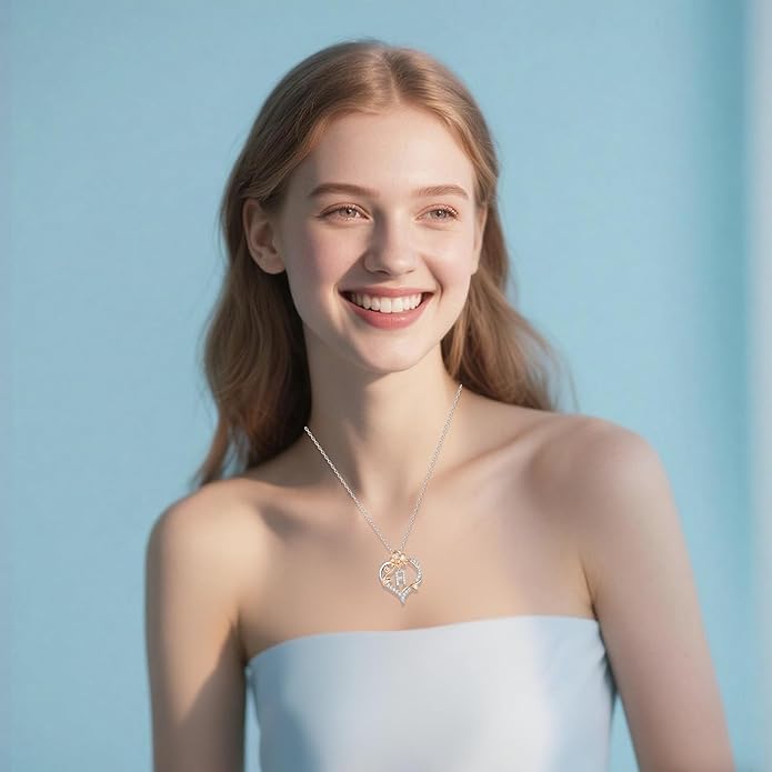 Valentines Day Gifts Rose Heart Letter Initial Necklace for Women, S925 Sterling Silver Pendant Necklace Adjustable Dainty Rose Flower Jewelry Gift for Her