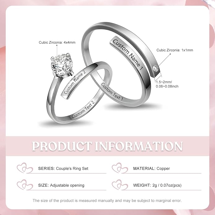 Personalized Couple Rings Engraved with Names - Adjustable Matching Promise Rings Set with Cubic Zirconia, Romantic Gift for Her/Him, Wedding, Anniversary, Valentine's Day (No Size Worry)