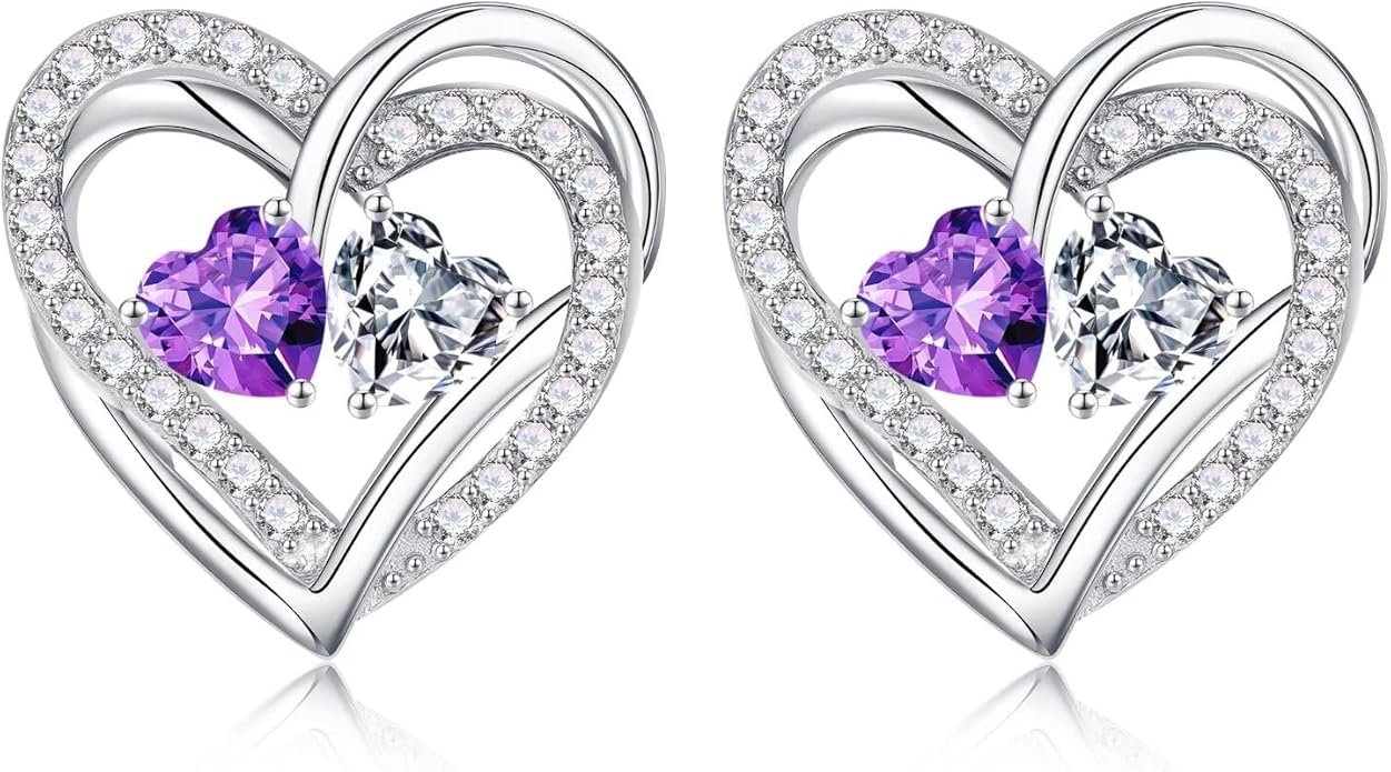 Iefil Valentines Day Gifts for Her, 925 Sterling Silver Heart Birthstone Earrings, Anniversary Birthday Gifts for Women, Birthstone Jewelry for Her Wife Girlfriend Mom