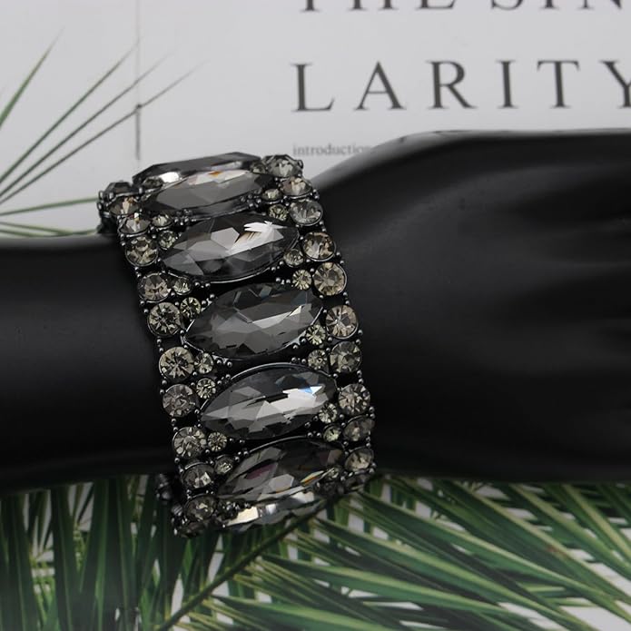 Women’s Elegant Wedding Bridal Crystal Double Row Marquise-Shape Leaf Stretch Bangle Bracelet Bride Jewelry for Women