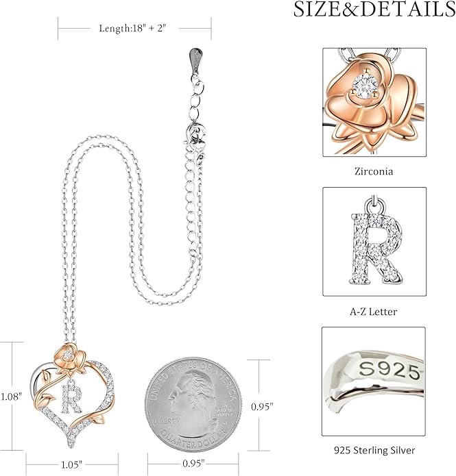 Valentines Day Gifts Rose Heart Letter Initial Necklace for Women, S925 Sterling Silver Pendant Necklace Adjustable Dainty Rose Flower Jewelry Gift for Her