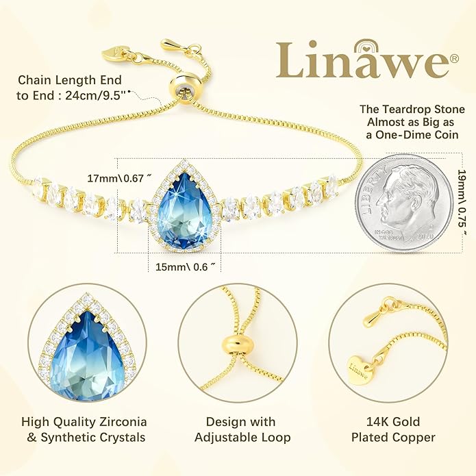 Linawe Crystal Imitation Diamond Rhinestone Charm Bracelets for Women, Gold/Silver/Rose Gold Adjustable Chain Bracelet, Teardrop Birthstone Cubic Zirconia Prom Costume Wedding Jewelry