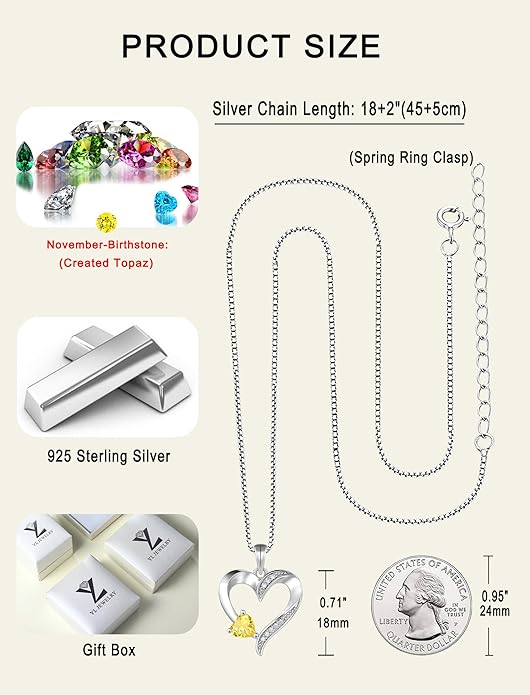 YL Heart Necklace 925 Sterling Silver Love Heart Pendant Birthstone Jewelry for Women