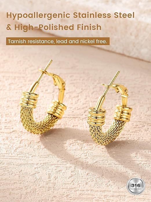 KeyStyle Mesh Hoop Earrings for Women, Stainless Steel Gold Hoops Earring Lightweight Loops, 2MM Thick Hypoallergenic Circle Endless Hollow Hoop 20mm-80mm