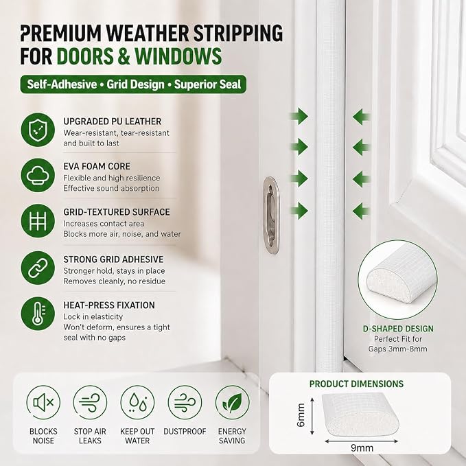 10FT Weather Stripping Door Seal, Self-Adhesive PU D-Shaped Seal Strip - Image 8