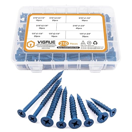VIGRUE 1/4" 3/16" Concrete Screws Assortment Kit 210PCS Flat Head Cement Screws - Image 7