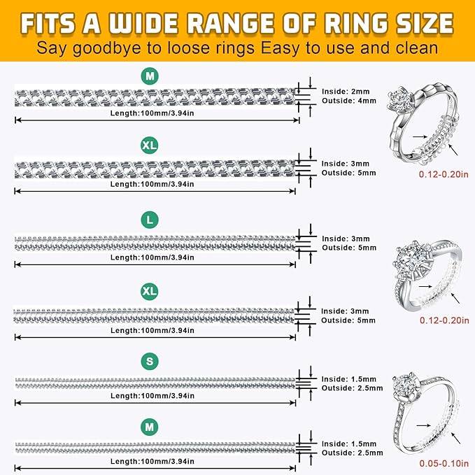 Ring Sizers for Loose Rings, 14 Pack Invisible Ring Size Adjuster Silicone, Ring Guards Spacer Tightener Resizer Fitter for Women Men, Make Ring Smaller Without Resizing Thick Band (Transparent-14PCS)