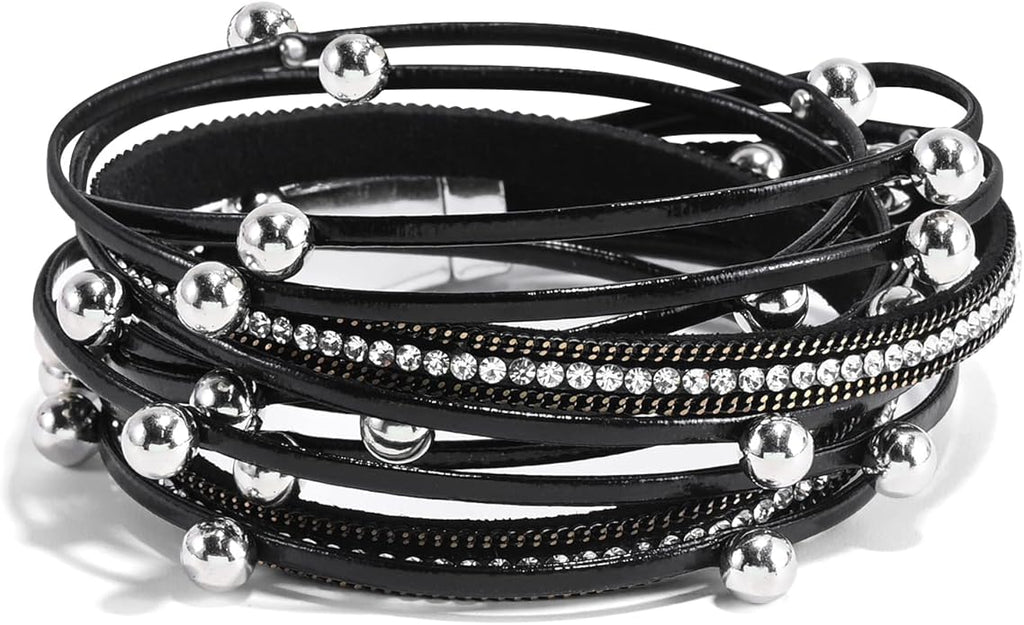 Wrapped Bracelets for Women,Leather Bracelet,Boho Bracelets for Women,Multi-Layer Pearl Crystal Bracelet Bangle Jewelry