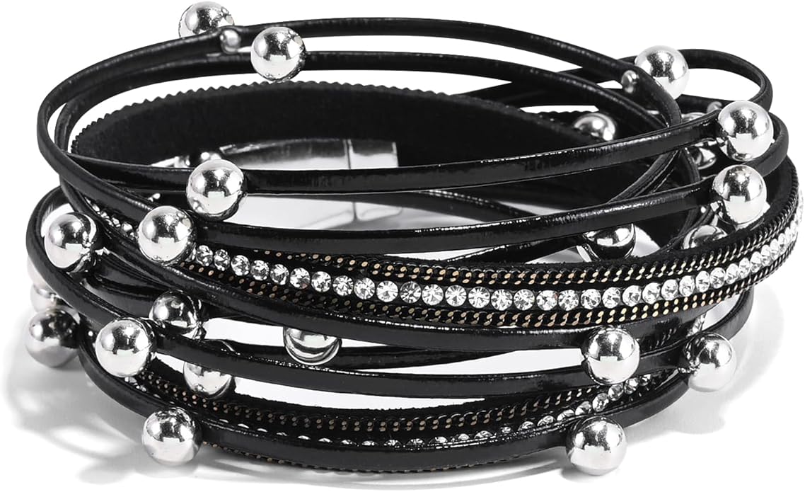 Wrapped Bracelets for Women,Leather Bracelet,Boho Bracelets for Women,Multi-Layer Pearl Crystal Bracelet Bangle Jewelry
